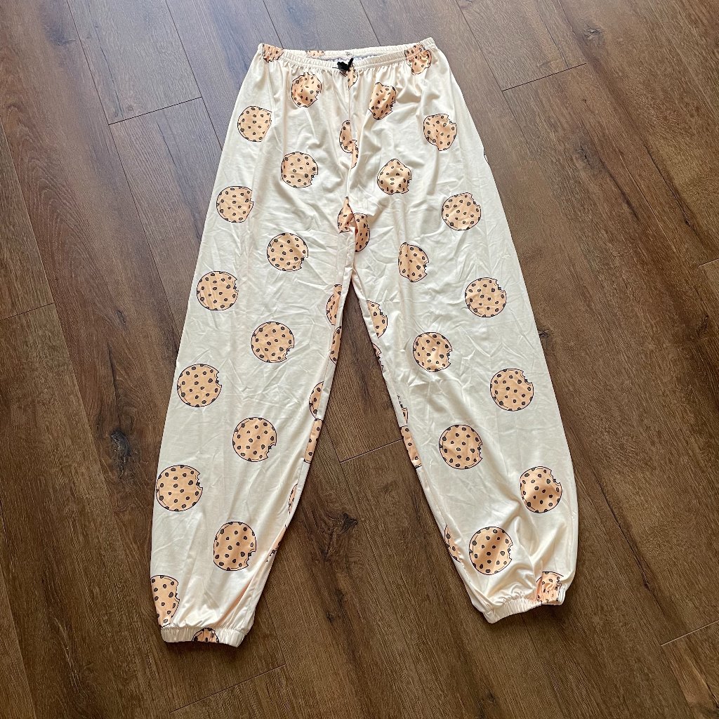 Chocolate Chip Cookie Yellow Satin Sleep Pants Pull On Elastic Waist Womens S